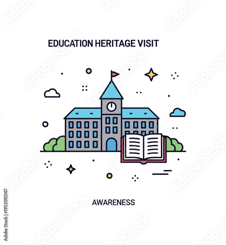Educational heritage visit concept built around a historical building silhouette combined with a small open book icon, representing learning from the past. The