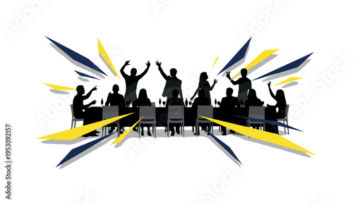 Black and white silhouettes engaged in animated gestures along a banquet table, sharp angular shards and diagonal lines symbolizing emotional intensity, bright