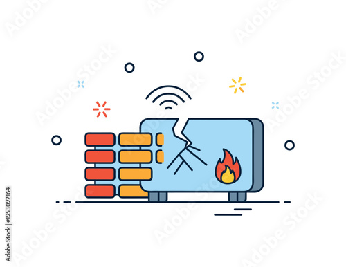 Network firewall failure expressed as a digital gateway icon with a visible crack and tiny flame symbol, symbolizing weakened cyber defense and data exposure.