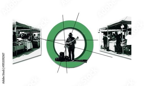 Black and white street musician performing at market corner, framed by bold green circular ring and intersecting thin black lines symbolizing community flow,