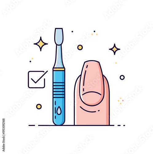 Gentle manicure routine depicted by a cuticle pusher tool beside a well-shaped nail, with subtle checkmark and sparkle accents to symbolize neatness and