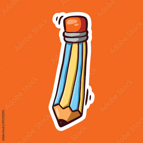 Cartoon style yellow and blue pencil with an eraser on an orange background, with a playful wobble effect.