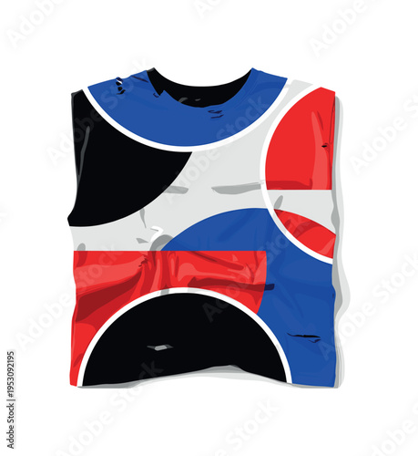 A monochrome crumpled T-shirt viewed from above, distressed folds emphasized in high contrast, oversized abstract semicircles and flat color panels overlapping