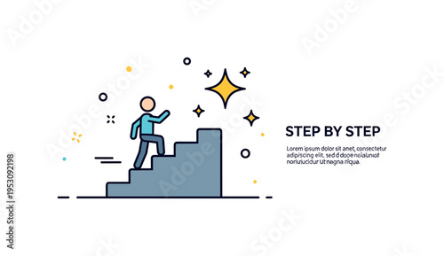 Personal growth journey concept featuring a staircase with a small figure ascending step by step toward a shining star, expressing determination and rising