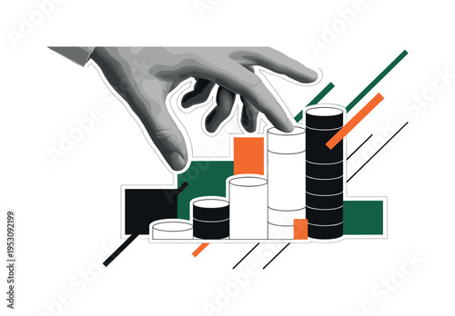 A realistic monochrome hand stacking coins, stacks simplified into geometric cylinders rising upward, abstract blocks and diagonal lines suggesting strategy