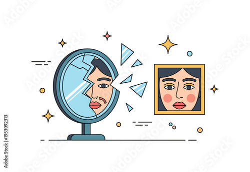 Crisis of confidence cracked mirror with scattered fragments reflecting mismatched facial features in a tight editorial layout. The visual emphasizes the gap