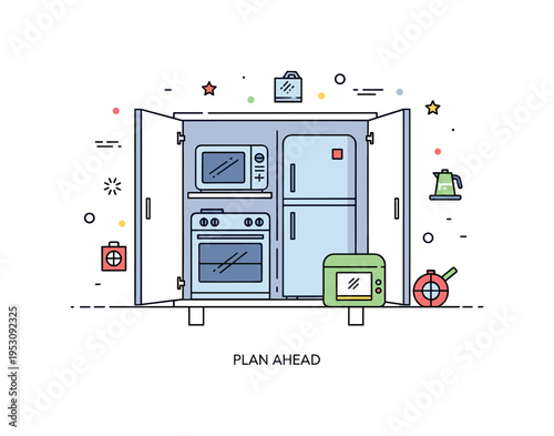 Cabinet storage planning concept centered on a blueprint style cabinet outline with appliance icons positioned neatly inside, symbolizing interior organization