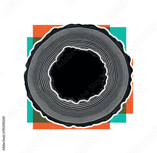 Black and white tree trunk cross-section with a dark hollow center, concentric circular rings highlighting growth around emptiness, vivid teal and burnt orange