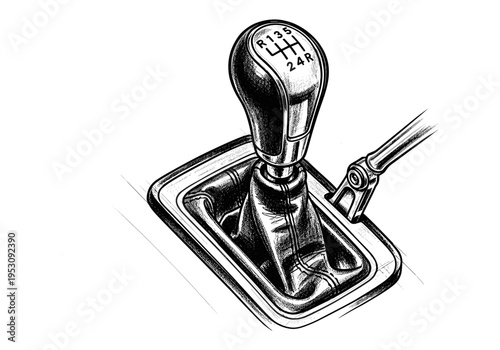 Close-up illustration of a manual car gear stick with a leather boot and shift pattern