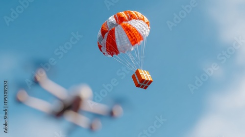 Red and white parachute delivering package against clear blue sky
