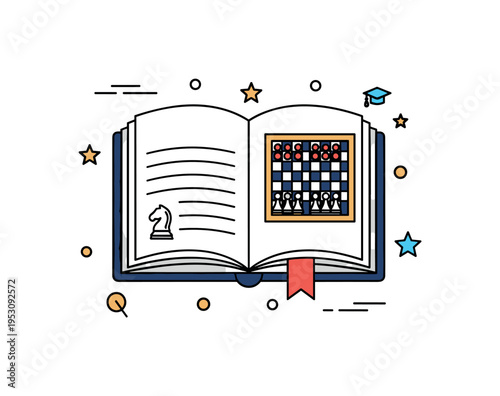 Beginner chess strategy guide concept centered on an open book paired with a small chessboard icon, expressing structured learning and rule mastery. The badge