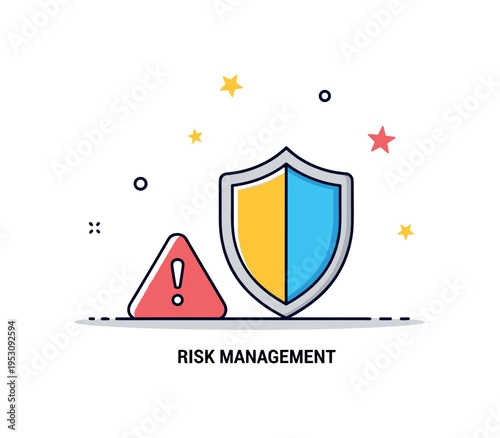 Risk management stage illustrated by a shield icon positioned in front of a small warning triangle, representing proactive issue handling and protection of