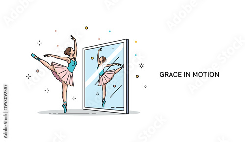 Elegant dance pose in studio with a mirrored wall reflecting a ballerina in mid arabesque. Tiny decorative dots and a concise ?Grace in Motion? text accent