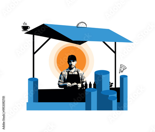 Conceptual street market theme with black-and-white vendor silhouette under abstract geometric canopy, bright orange circular halo and cobalt geometric
