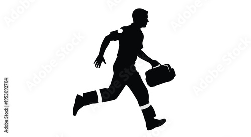 Silhouette of young professional businessman running with briefcase in hand, urgent corporate concept, modern office worker in motion, isolated on white background