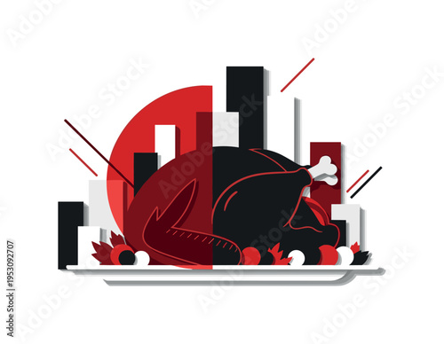 Monochrome roasted turkey centerpiece on platter, intersected by a large deep red semicircle and abstract rectangular blocks suggesting abundance and warmth,
