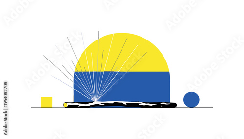 Black and white stick resting on minimal ground line, bold semicircle backdrop and thin radiating lines suggesting subtle energy, bright yellow and cobalt blue