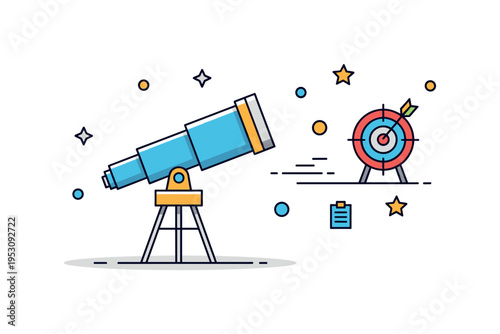 Vision and strategy telescope aligned with a simple target icon in the distance, expressing focus and long term planning. A modern badge style illustration