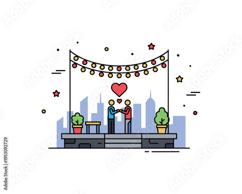 Romantic rooftop surprise scene featuring a simplified city silhouette with string lights and two tiny figures meeting at center under a heart shaped accent. A