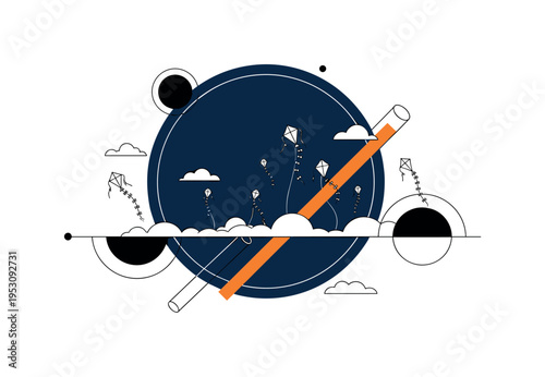 Black and white minimal landscape line with multiple kites dotting the sky, oversized navy circle framing upper half like open atmosphere, thin orange diagonal