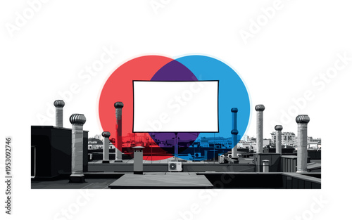 Monochrome rooftop skyline with large blank projection screen centered, overlapping red and blue circles glowing behind it, abstract cylindrical shapes