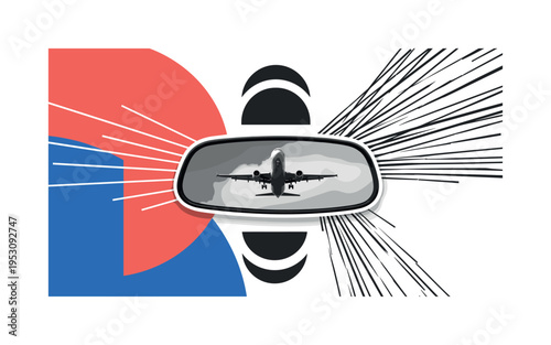 Black and white rearview mirror reflecting an airplane taking off, abstract semicircles and diagonal lines emphasizing movement forward, vivid coral red and