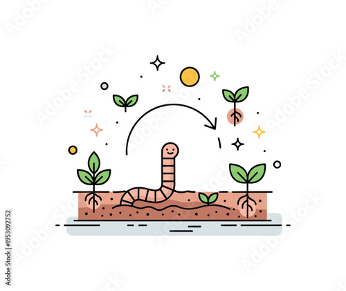Soil ecosystem concept centered on a simple earthworm surrounded by small root and leaf icons, symbolizing nutrient cycling and fertile ground. The scene