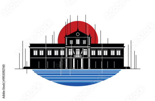 Black and white historic building facade overlooking square, vibrant deep red circle behind upper roofline, cobalt blue semicircles layered beneath as plaza