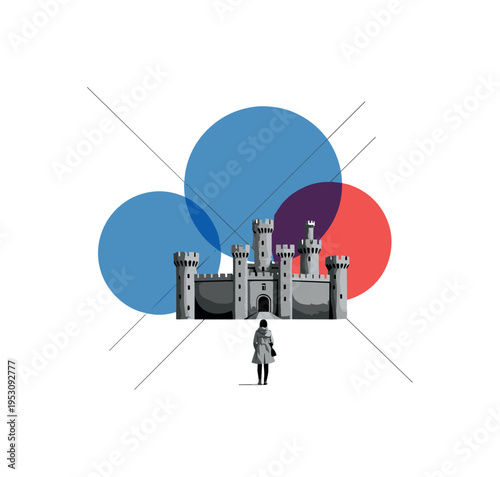 Monochrome wide castle landscape with a single visitor centered, overlapping blue and red circles behind the towers suggesting past and present dialogue,