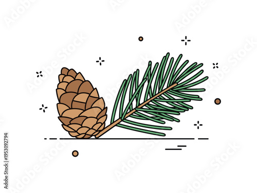 Pine needles and cone pairing theme centered on a small pine cone resting beside a needle cluster, symbolizing reproduction and tree life cycle. The neat