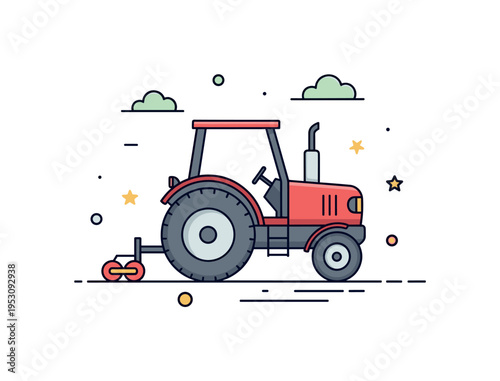 Tractor in open field concept featuring a compact farm tractor silhouette with large rear wheel and small exhaust detail, expressing strength and steady