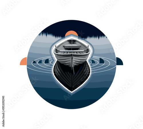 A black and white vintage rowboat floating on a perfectly calm lake surface, the reflection forming a precise geometric circle beneath it, subtle abstract
