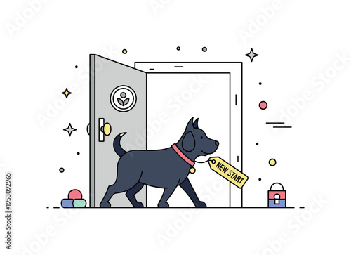 Adoption after rehabilitation healthy dog silhouette stepping forward from a care center doorway with a small tag reading New Start. A positive and uplifting