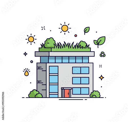 Green roofs concept illustrated by a modern flat building topped with a lush layer of grass and small shrubs, with subtle sun and leaf icons suggesting