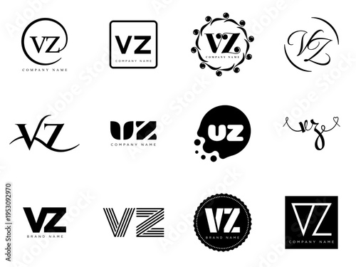VZ logo company template. Letter v and z logotype. Set different classic serif lettering and modern bold text with design elements. Initial font typography.