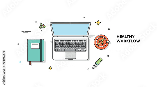 Wellbeing focused coworking session shown with a laptop, notebook and small cup of herbal tea arranged neatly on a shared table. A subtle ?Healthy Workflow?