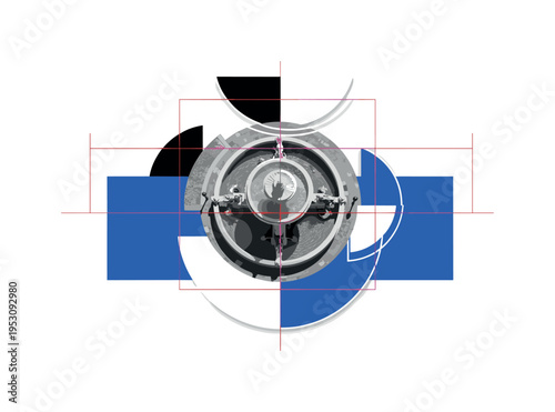 Black and white vintage town fountain viewed from above, bold blue rectangle anchoring lower layout, thin red grid lines mapping plaza symmetry, abstract