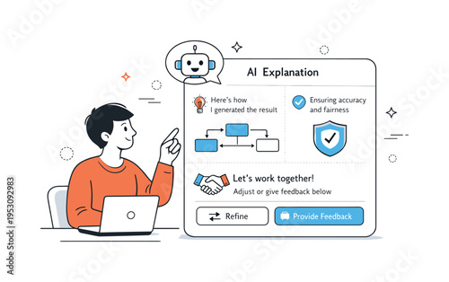 Human-centered AI transparency. A person interacting with an AI panel that displays clear explanations and visual cues, showing trust and collaboration.