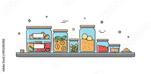 Clear container storage solution illustrated by transparent jars revealing colorful ingredients arranged neatly on a smooth countertop, symbolizing