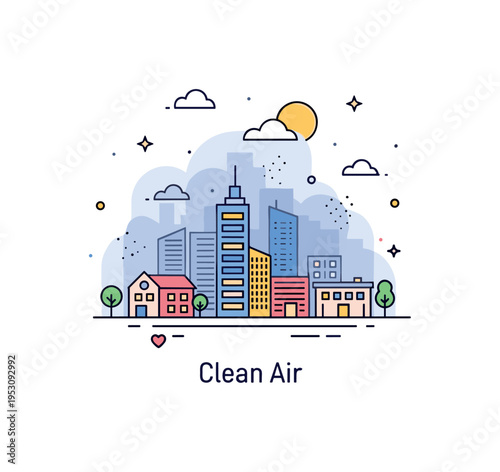 Air pollution awareness visualized through a city skyline partially covered by a translucent smog layer under a pale sun. A subtle ?Clean Air? caption and tiny