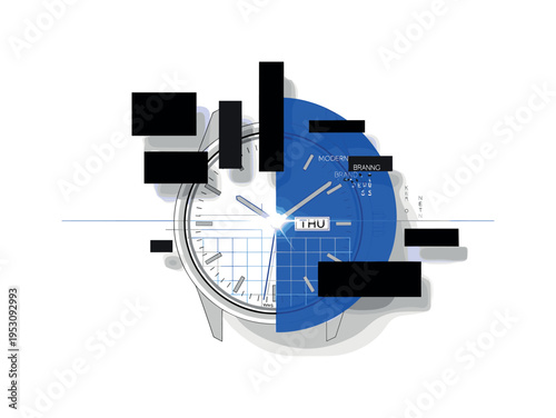Monochrome wristwatch close-up showing Thursday date window, intersected by a large blue semicircle and abstract rectangular blocks symbolizing time blocks,