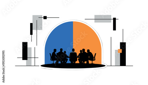 A monochrome meeting room scene with silhouettes around a table, large abstract semicircle behind symbolizing shared goals, flat geometric blocks and thin