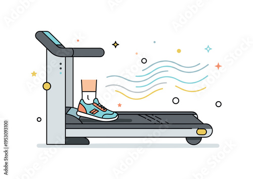 Warm up before run close perspective of sneakers touching the treadmill surface with gentle curved motion lines forming a rhythmic pattern. A dynamic yet