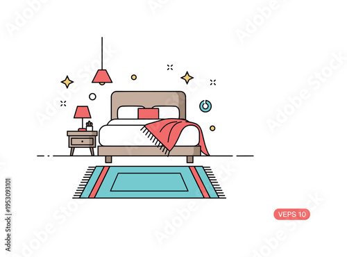 Layered bedroom textiles theme featuring a simple bed with a rug underneath and a subtle throw blanket accent, expressing texture layering and soft styling.