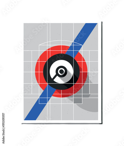 Black and white logo mockup mounted on textured wall panel, bold red circle anchoring composition, electric blue diagonal bar cutting across for dynamic