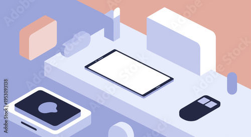 Isometric view of modern digital devices and abstract geometric shapes.