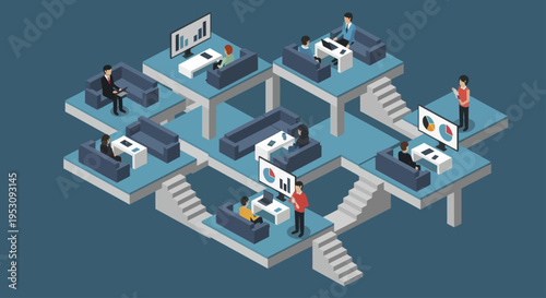 Isometric view of people working remotely in a connected virtual office environment.