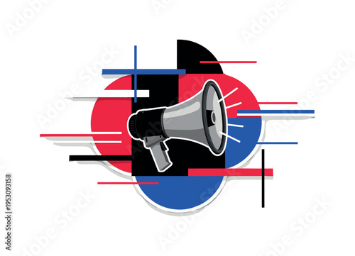 A monochrome megaphone intersected by bold semicircles and flat geometric blocks symbolizing outreach and visibility, thin linear accents adding rhythm, strong