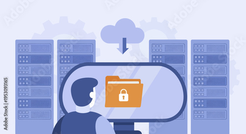 Man accessing secure cloud storage on computer.