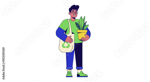 Man holding a potted plant and a reusable shopping bag.